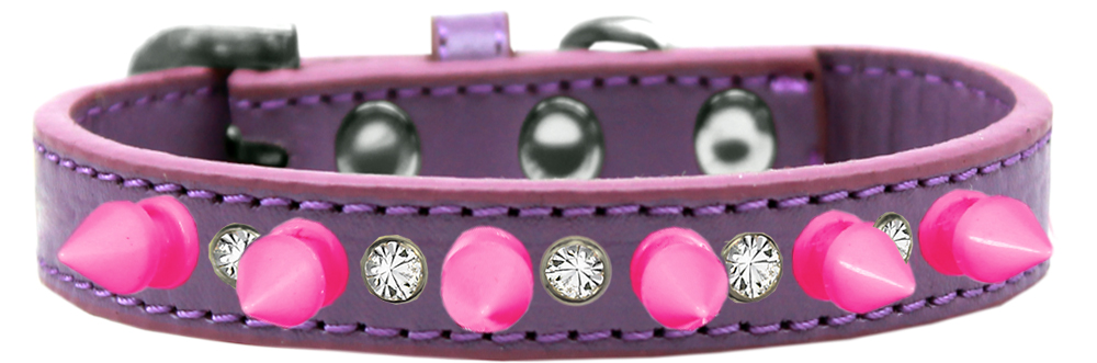 Crystal and Bright Pink Spikes Dog Collar Lavender Size 16